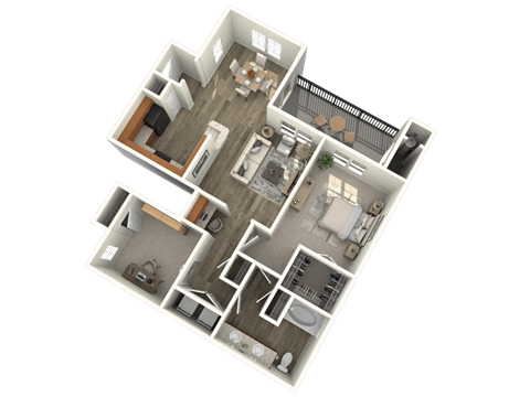 A 3D floor plan of a house with multiple rooms and furniture.